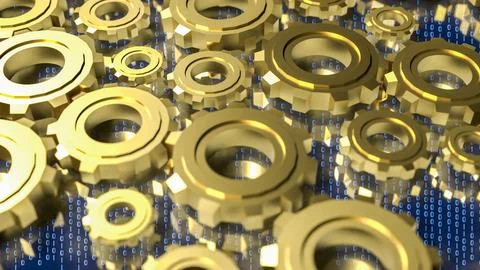 Digital Technology Concept with Golden Gears and Binary Code 3d render.. イラスト素材