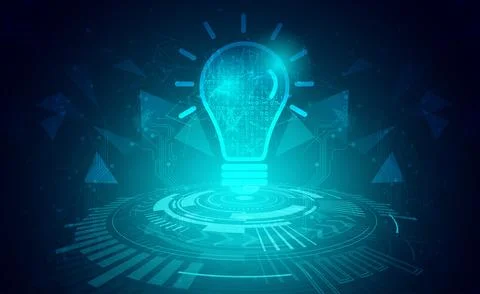 Digital technology creative mind idea thinking blue green background, lamp light Illustrazione stock