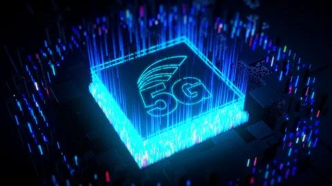 Digital Technology Dark Blue Shiny 5G Text Logo On CPU Chip Circuit Board  イラスト素材