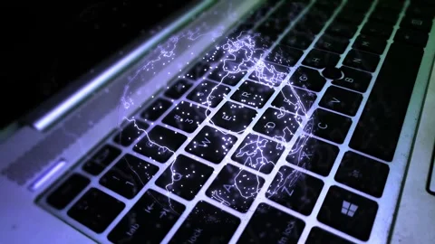 Digital technology earth and technology data concept on laptop keyboard. Di.. 스톡 동영상 293483533