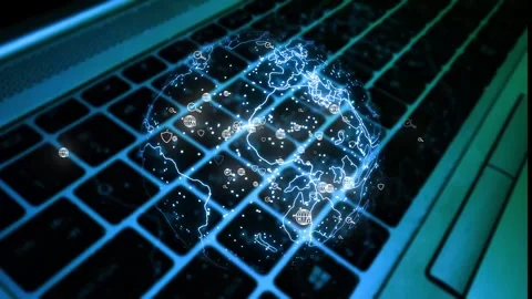 Digital technology earth and technology data icon on laptop keyboard. Digit.. Stock Footage 293483542