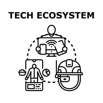Digital technology ecosystem connecting people and industrial workers Stock Illustration
