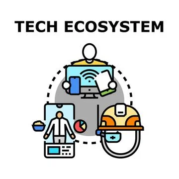 Digital technology ecosystem connecting people and industrial workers イラスト素材