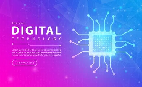 Digital technology electronic chip banner pink blue background concept with tech Illustrazione stock