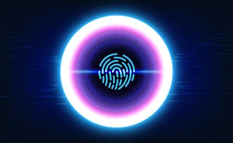 Digital technology fingerprint scanner blue background, cyber security access Illustrazione stock