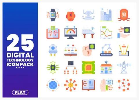 Digital technology flat icons with AI. robotics. and data. 스톡 일러스트