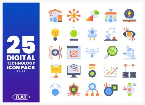 Digital technology flat icons collection in an organized grid on a white ba.. Stock Illustration