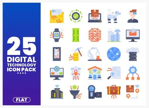 Digital technology flat icons in a grid formation with blue gradient backgrou Stock Illustration