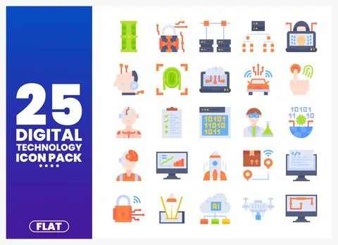 Digital technology flat icons in a grid layout on a blue and purple gradien.. Stock Illustration