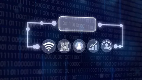 Digital technology flowchart with user data icons moving across binary code.. Stock Footage 327762329