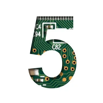 Digital technology font. Digit five, 5 cut out of white on the printed digita Foto stock