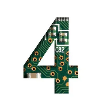 Digital technology font. Digit four, 4 cut out of white on the printed digita Foto stock