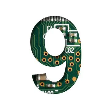 Digital technology font. Digit nine, 9 cut out of white on the printed digita Foto stock
