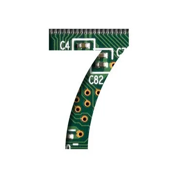 Digital technology font. Digit seven, 7 cut out of white on the printed digit Foto stock