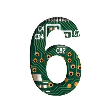 Digital technology font. Digit six, 6 cut out of white on the printed digital Foto stock