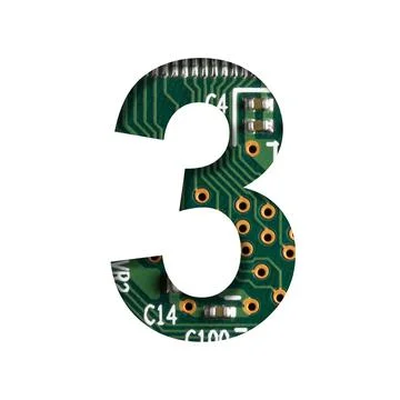 Digital technology font. Digit three, 3 cut out of white on the printed digit Foto stock