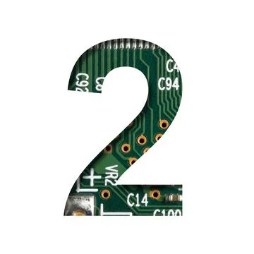 Digital technology font. Digit two, 2 cut out of white on the printed digital Foto stock