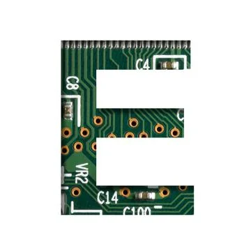 Digital technology font. The letter E cut out of white on the printed digital Foto stock
