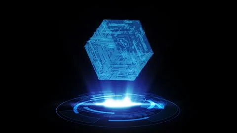 Digital Technology Futuristic Circuit Box Chain Cube Hologram Hud Background Stock Illustration