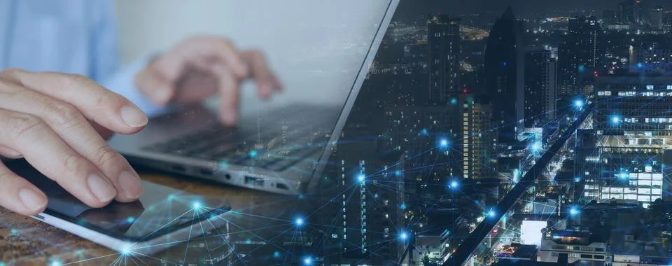 Digital Technology. Futuristic Tech Background: Man Using Mobile Phone and .. Foto stock