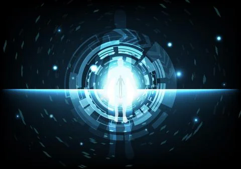 Digital technology gate circular ring with man in cyberspace abstract background Illustrazione stock