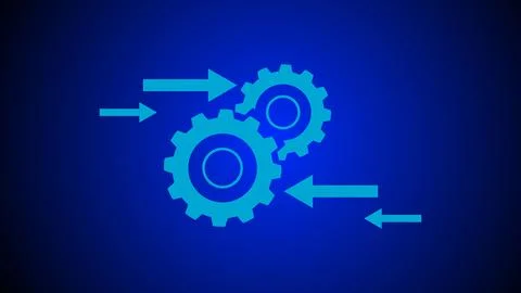 Digital technology gear wheel with left and right side arrow on blue color .. Illustrazione stock