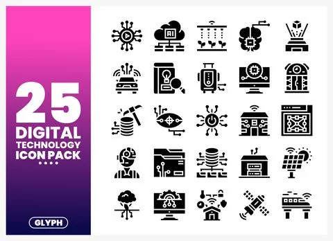 Digital technology glyph icons on a gradient background Stock Illustration