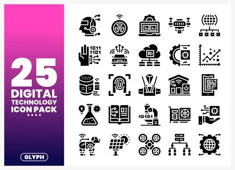 Digital technology glyph icons pack showcasing AI. IoT. and robotics with d.. Stock Illustration