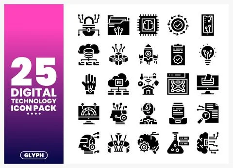 Digital Technology Glyph Icons Set Stock Illustration