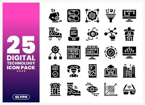 Digital technology glyph icons for tech interfaces. featuring AI. data. and.. 스톡 일러스트