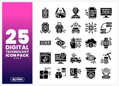 Digital technology glyph icons on white background Stock Illustration