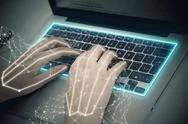 Digital Technology. Hands On Futuristic Keyboard. Cyborg Hands On Blue Keyboa Stock Photos