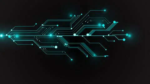 Digital technology HI-tech circuit board glowing data concept line on black.. Stock Illustration