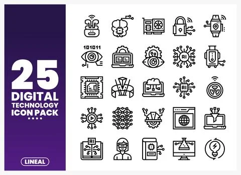 Digital Technology Icon Pack with AI. Brain. Chip. and Network illustrations Stock Illustration