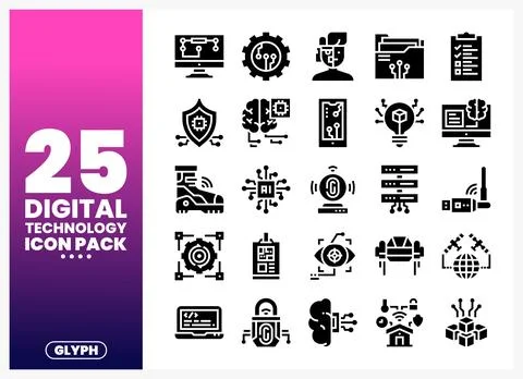 Digital Technology Icon Pack with Glyph Style Stock Illustration