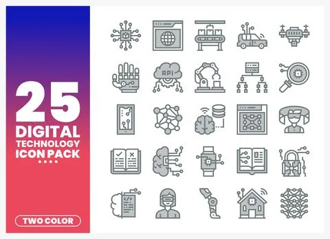 Digital technology icon pack set with computer science. AI. and automation .. Stock Illustration