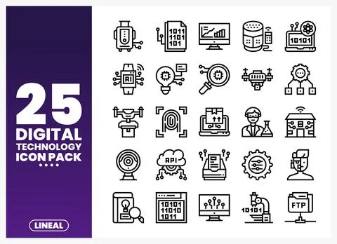Digital technology icon pack showcasing AI. robotics. and data elements aga.. Stockillustratie