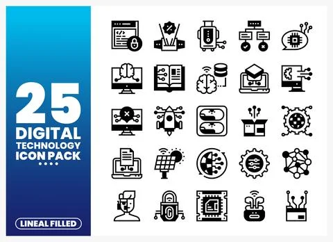 Digital technology icon pack showcasing lineal filled symbols in a grid lay.. Stock Illustration