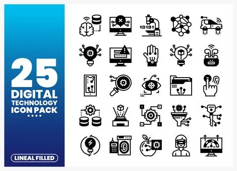 Digital technology icon set with brain. computer. and AI symbols Stock Illustration
