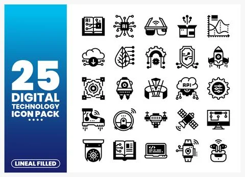 Digital technology icons AI. cloud. robot. satellite. cctv. laptop. VR. and.. Stock Illustration