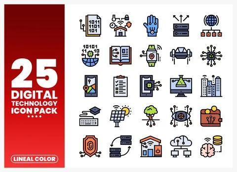 Digital technology icons arranged in a grid on a white background Stockillustratie