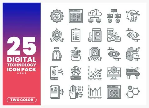 Digital technology icons arranged on a white background with a gradient sideb Stock Illustration