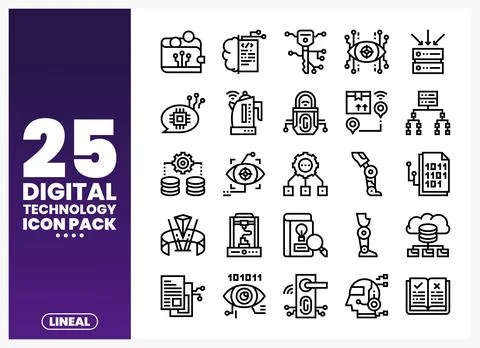 Digital technology icons displayed in a pack on a white background with gra.. Stock Illustration