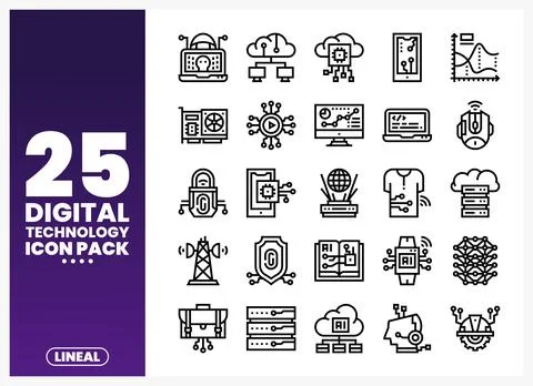 Digital technology icons displayed on a white background with a purple grad.. Stock Illustration