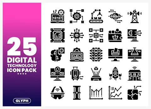 Digital technology icons featuring binary code and AI. Collection of glyphs.. Stock Illustration