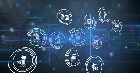 Digital technology icons floating in virtual space, showcasing modern data Stock Photos