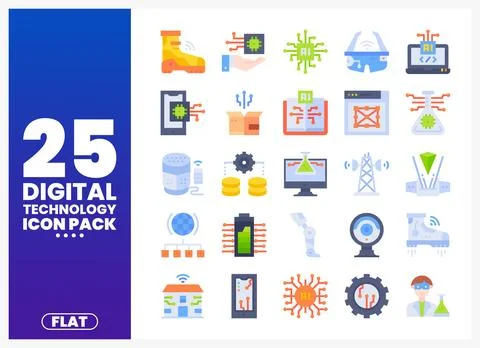 Digital technology icons including AI and IoT elements. diverse collection .. Illustrazione stock