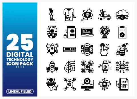 Digital Technology Icons in Lineal Filled Style Stock Illustration