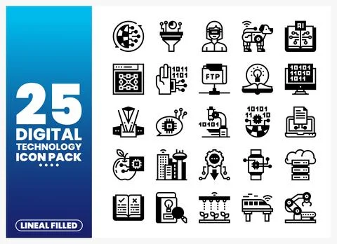 Digital technology icons in a lineal filled style on a blue gradient backgrou Stock Illustration