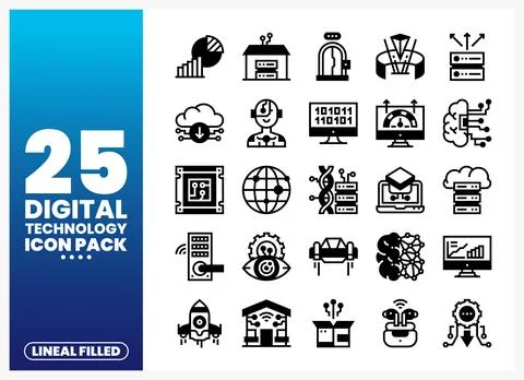 Digital Technology Icons in Lineal Filled Style Illustrazione stock